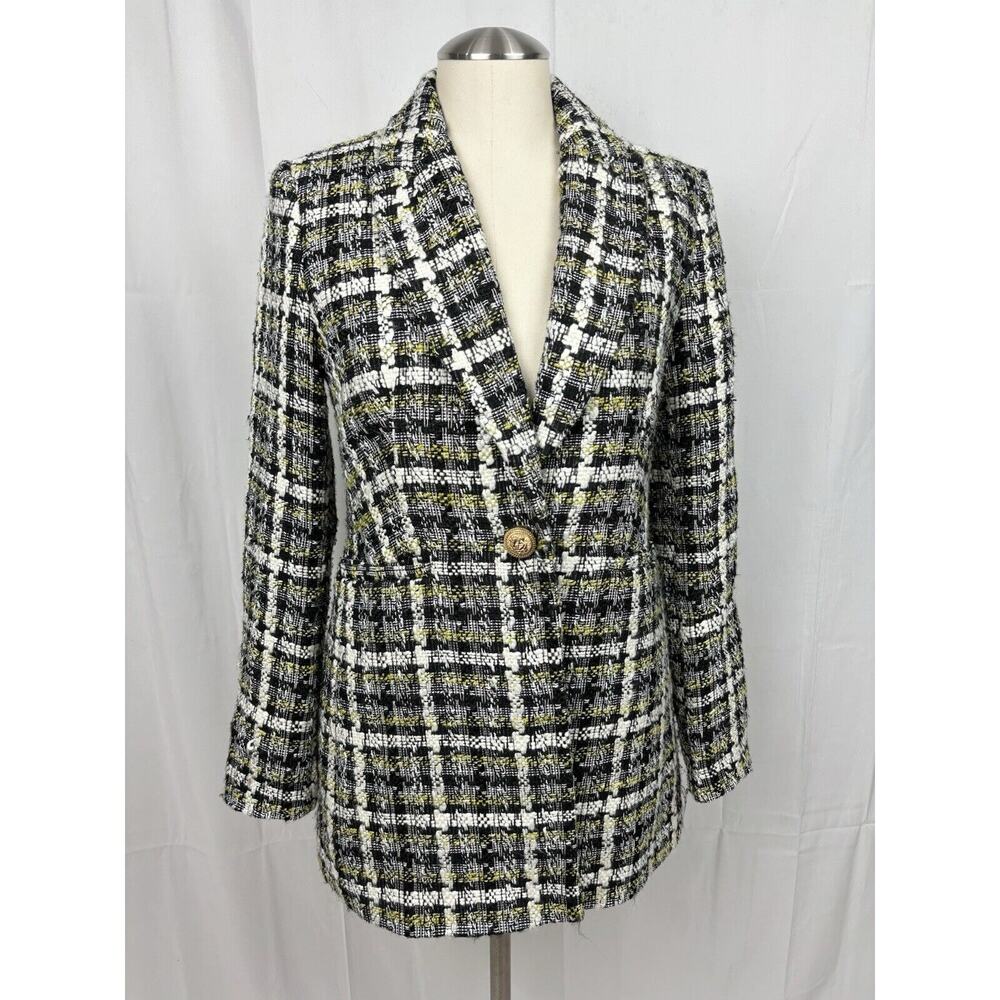 Tahari Women’s Tweed Suit Jacket Black White Yellow One Gold Button Mid Length